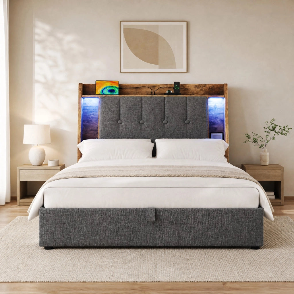 Letto imbottito 90x200 cm con contenitore, USB, USB-C e LED in lino grigio