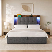Letto imbottito 90x200 cm con contenitore, USB, USB-C e LED in lino grigio