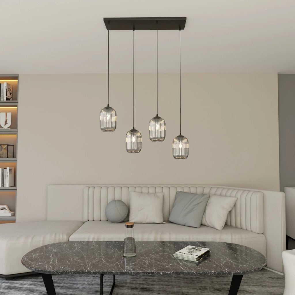 Lampadario 4 Luci Selene In Acciaio Nero E Vetri Plissettati Fumè