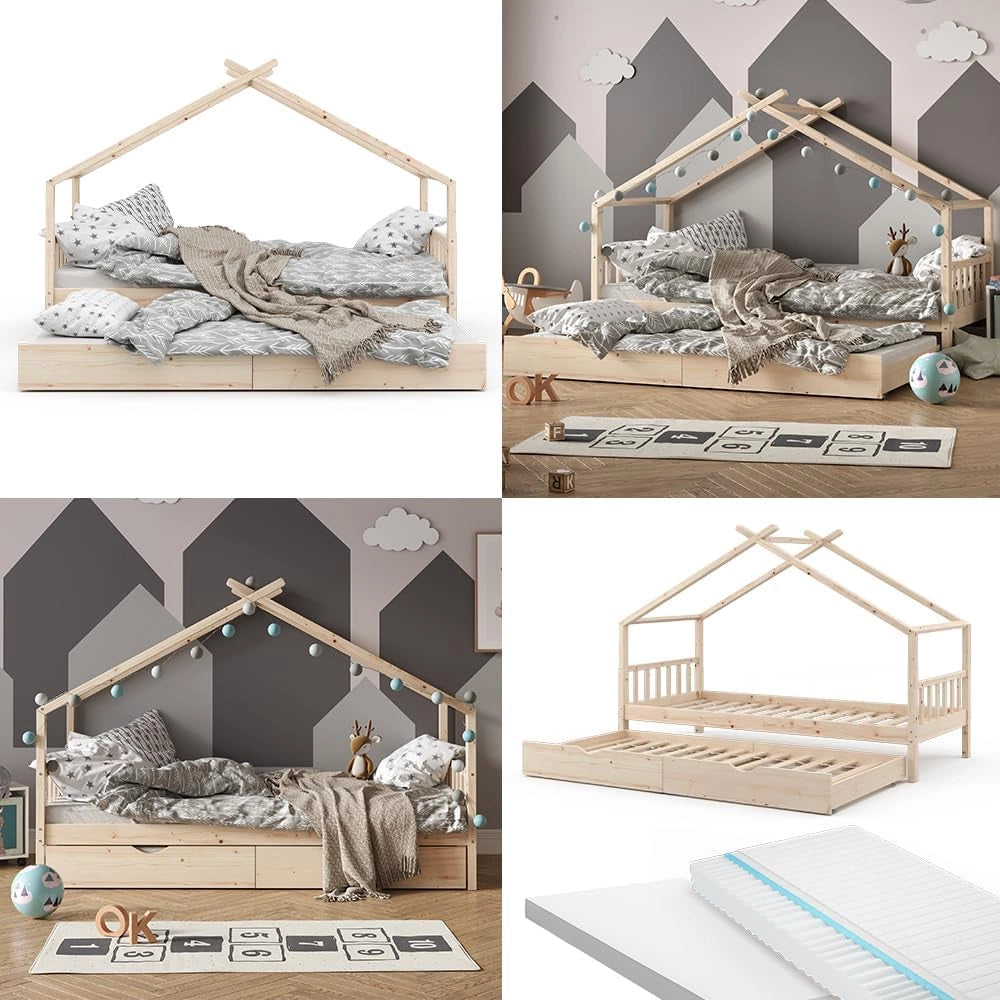 Letto montessori bambini Design, Legno naturale, 90x200 cm con letto per ospiti e 2 materassi, con sponda anticaduta e rete a doghe per un sonno sicuro
