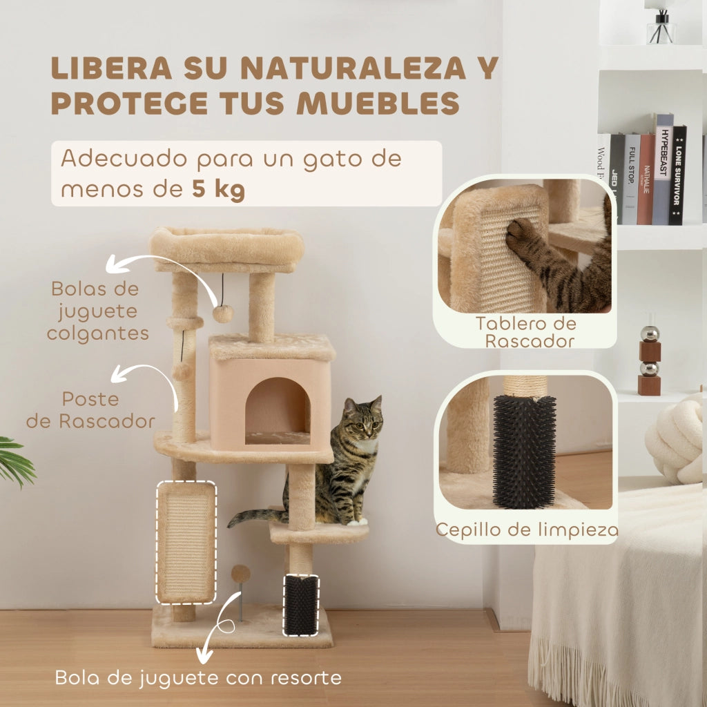 Albero tiragraffi per gatti con piattaforme, spazzola, palline e cuscino ¨C Minimal ¨C 104cm beige