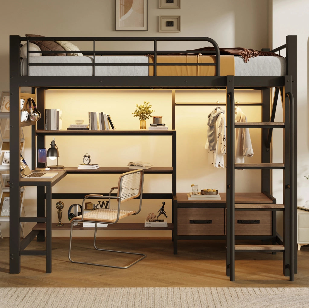 Letto a soppalco 90x200 cm con scrivania; ripiani; LED e USB; nero