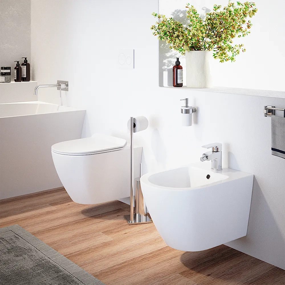 Sanitari sospesi in ceramica bianco lucido vaso tornado silent flush sedile soft-close e bidet | Sydney