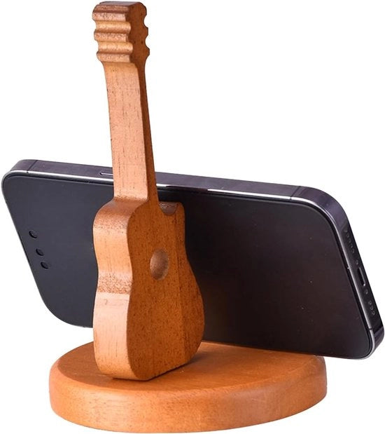 Sostegno per telefono in forma di chitarra in legno, decorazione creativa per un strumento musicale, sostegno per telefono con funzione musicofilo, accessorio da ufficio elegante.