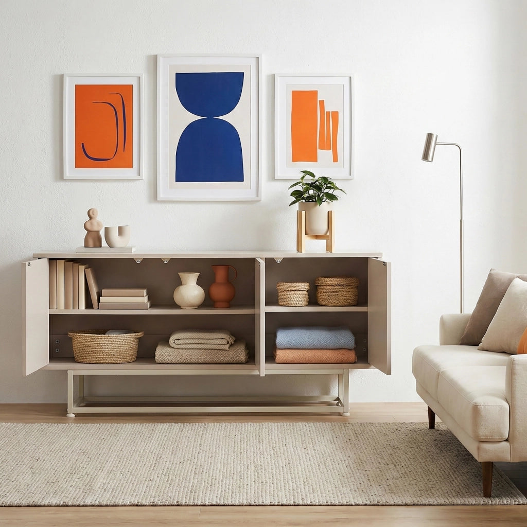 Armadietto Boxholm Credenza Bassa con 3 Ante Push-Open 120x30x55 cm Avena Oatmeal [en.casa]
