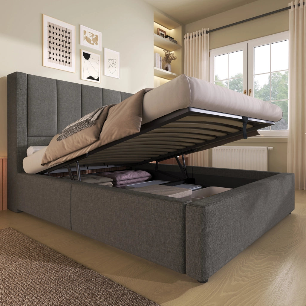 Letto contenitore idraulico 90x200 cm con portabicchiere e stazione di ricarica; lino grigio