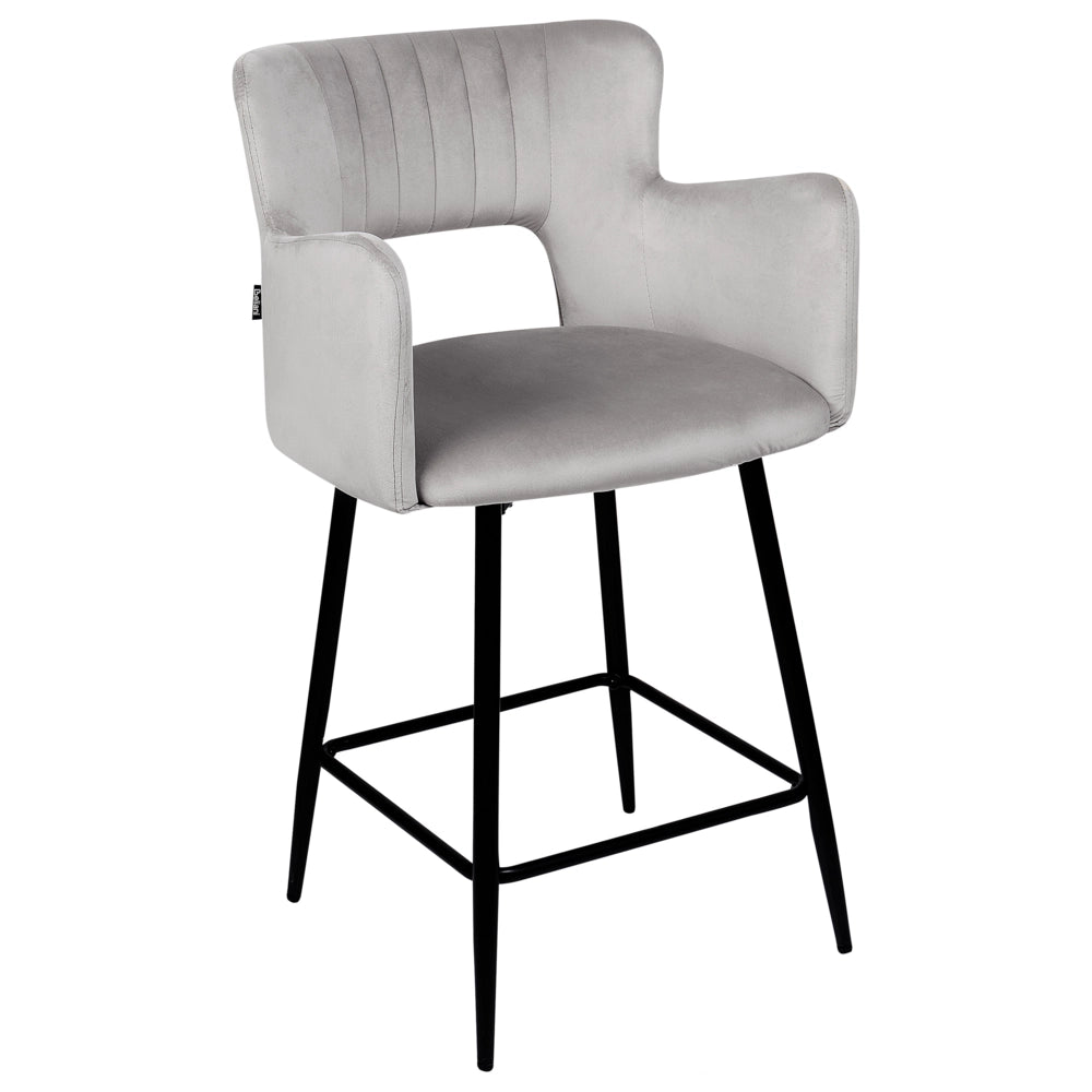 Set di 2 sgabelli da bar velluto grigio braccioli schienale intagliato gambe in metallo moderna industriale