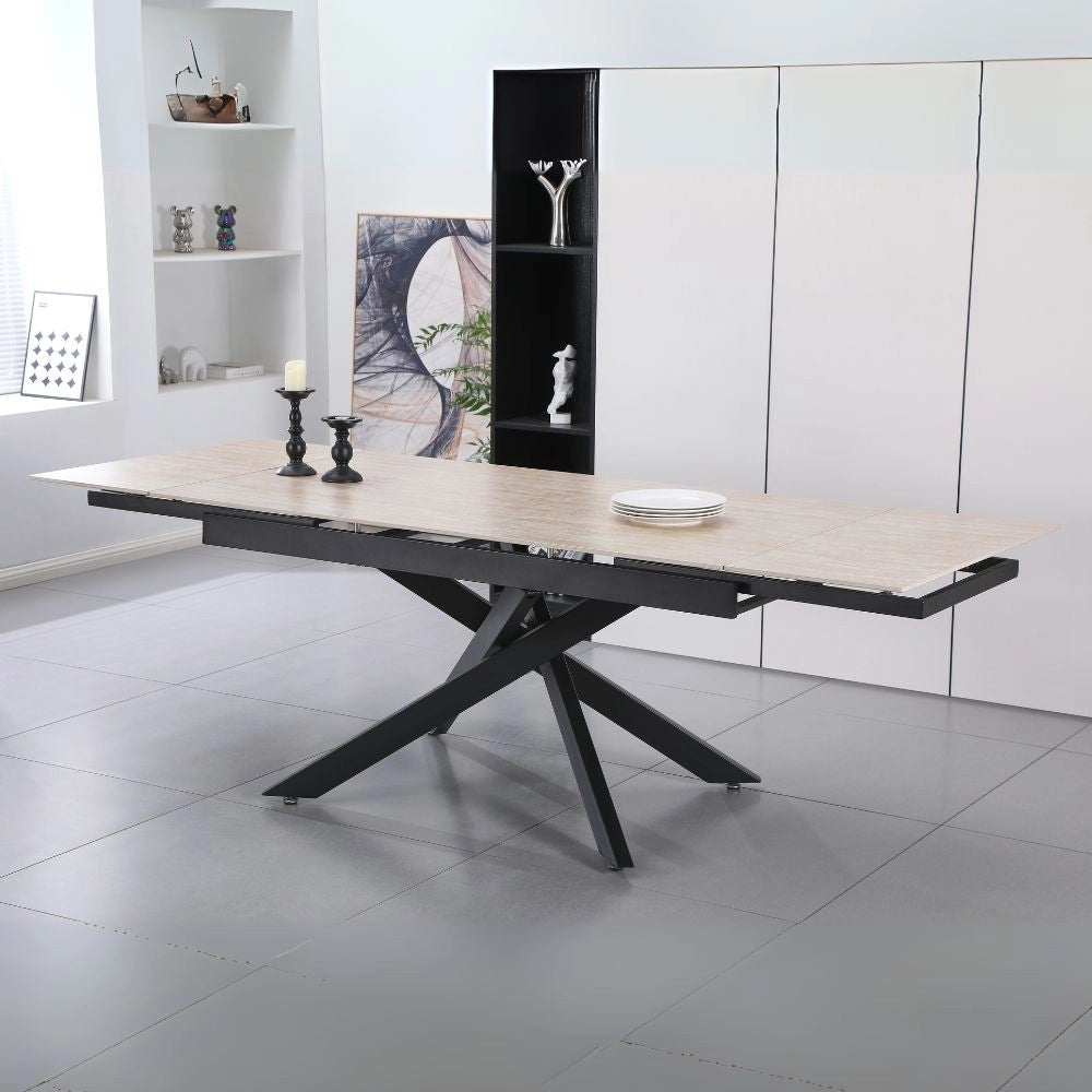 Tavolo allungabile Trivia con piano in ceramica effetto marmo Travertino e gambe in metallo nero 160x90x75.5H