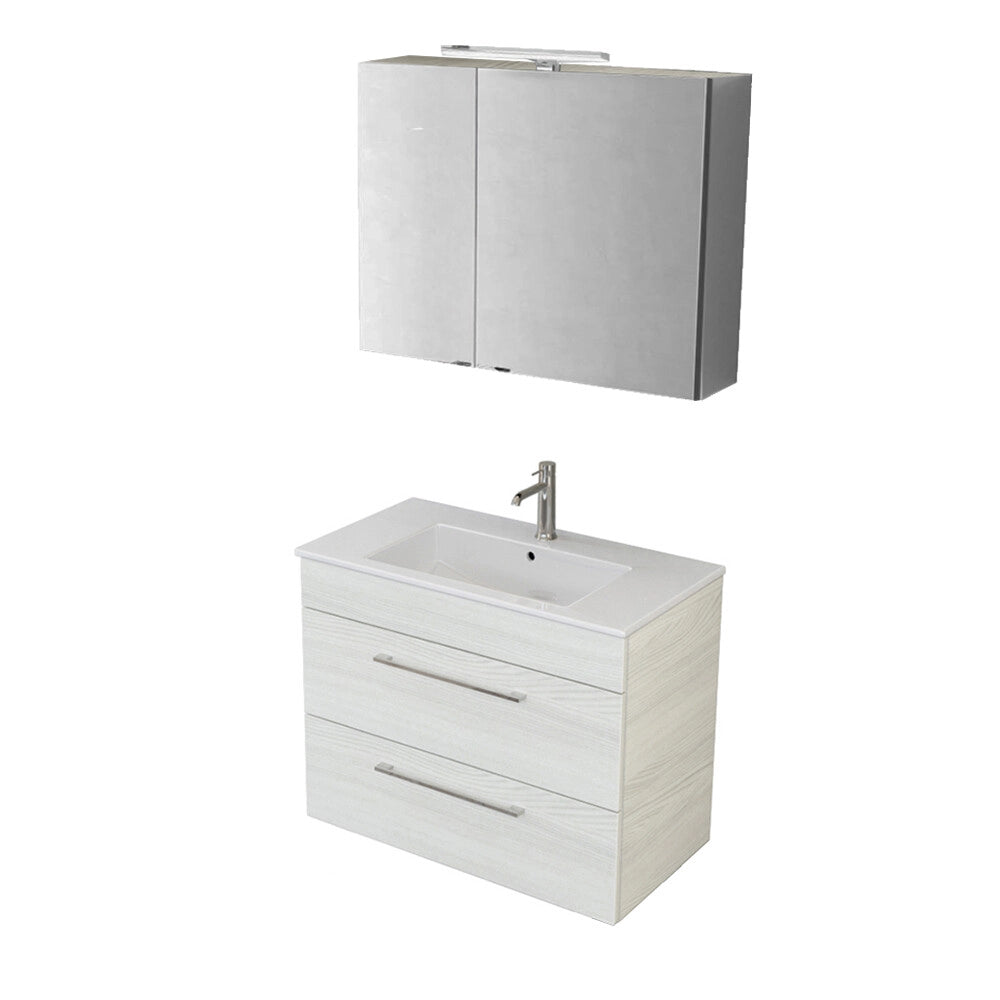 Mobile bagno sospeso 80 cm bianco legno con specchio contenitore Smart