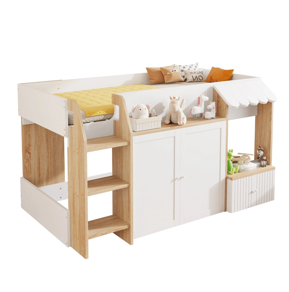 Letto a soppalco per bambini a forma di casetta 90x200 cm con scala e spazio contenitore; bianco e legno