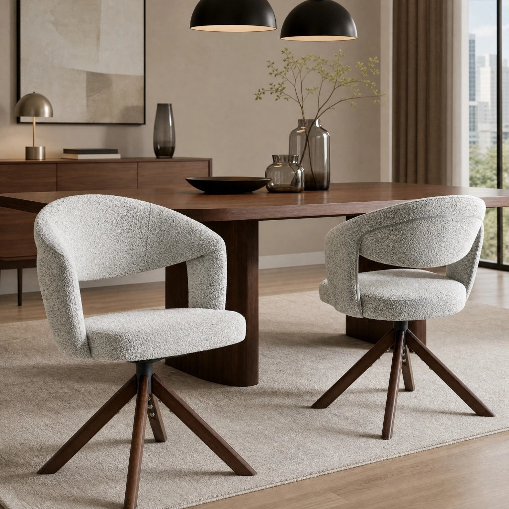 Sedia da Pranzo Set da 2 Girevole a 360° con Schienale Ergonomico, in Tessuto Grigio Chiaro e Legno Massello Noce