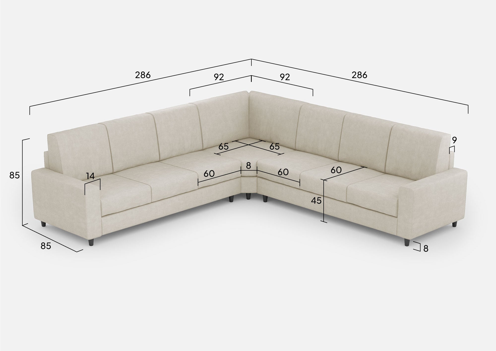 Divano Angolare 7 Posti 286x286x85 cm Sakar in Tessuto Latte