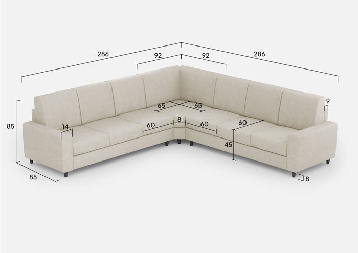Divano Angolare 7 Posti 286x286x85 cm Sakar in Tessuto Latte