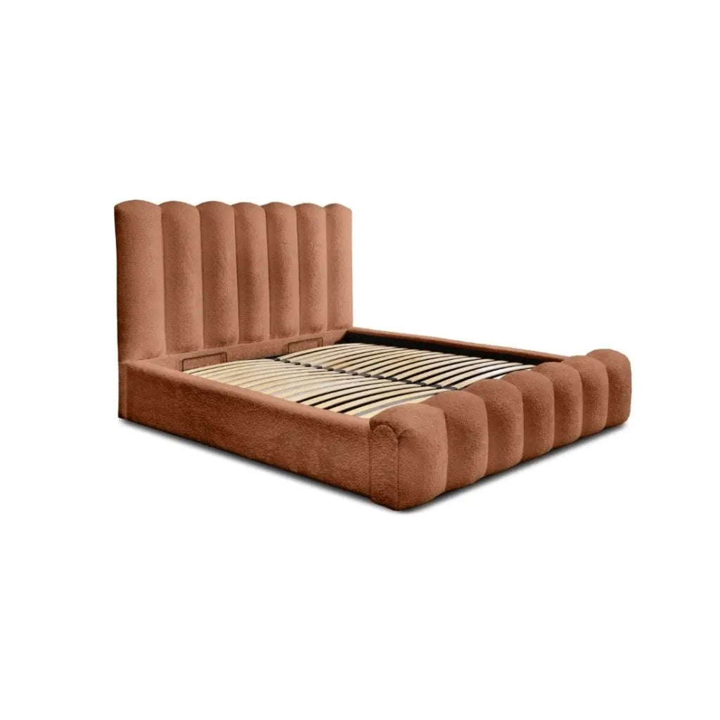 Letto contenitore BADJA - Tessuto bouclé Terracotta - 180x200 cm - Rete sollevabile - Design di alta gamma