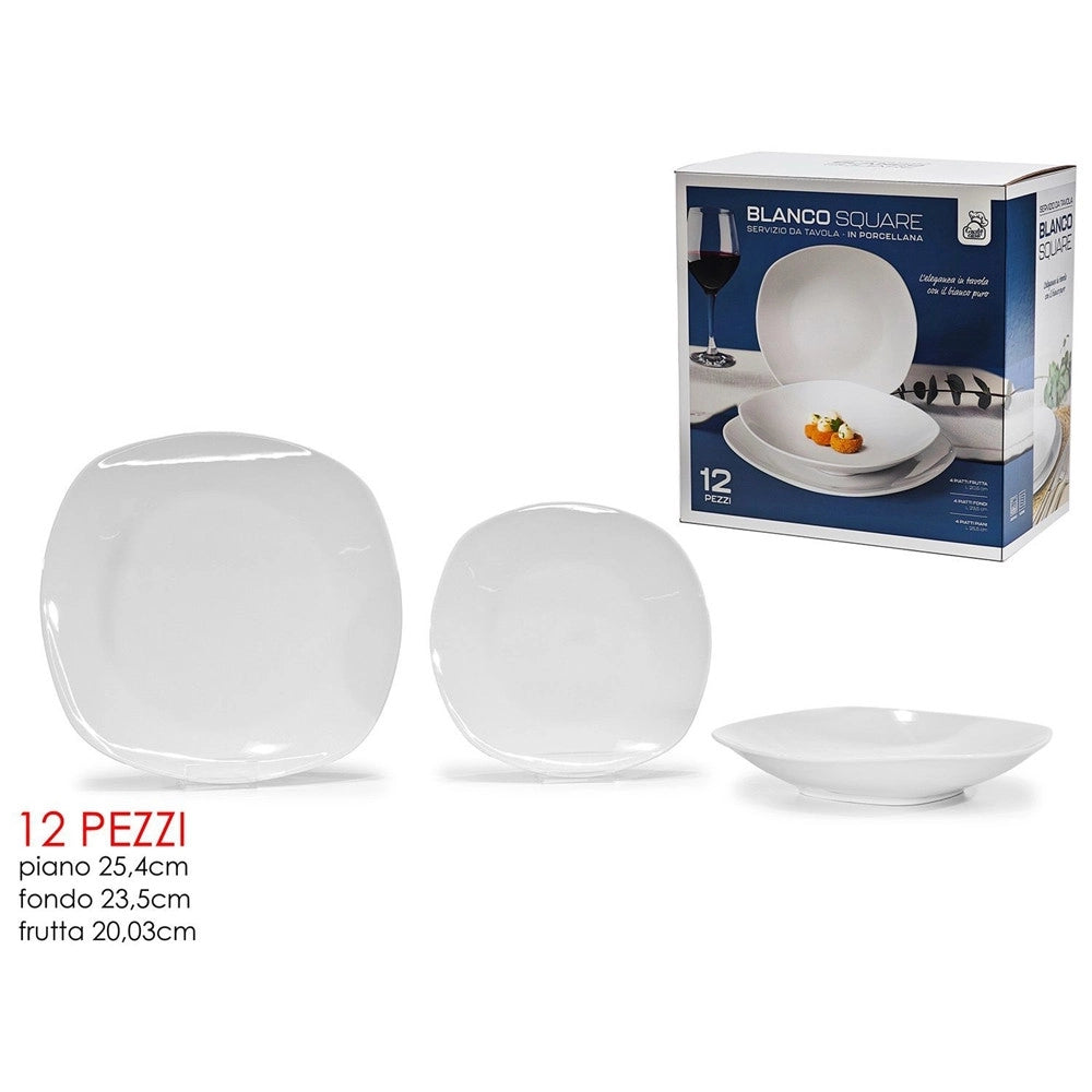 Trade Shop - Servizio Di Piatti In Porcellana Bianco Da 12 Pezzi Da Tavola Design Moderno Squadrato -
