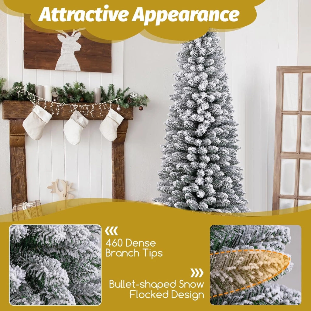Albero di Natale 180 cm, Albero di Natale Innevato Stretto e Alto, Forma a Matita, con 460 PVC Punte di Rami Densi, Design Staccabile, Base Metallica (180 cm)