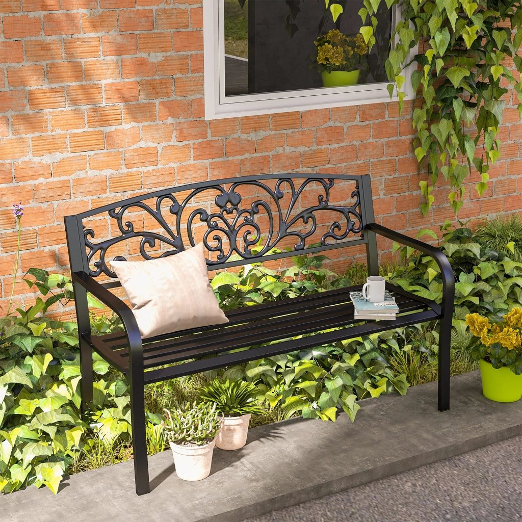 Panchina da giardino in metallo 2 posti con schienale e braccioli, nera, 127x60x87 cm