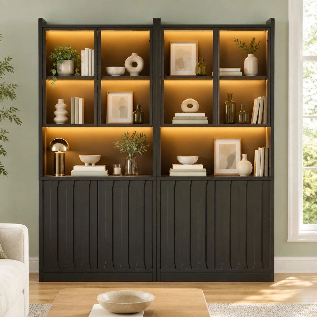 Set 2 vetrine con LED Bluetooth 160x35x200 cm nere HOMVRA