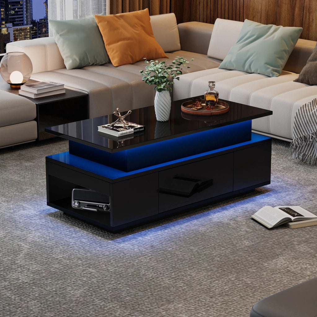 Tavolino da caffè 96x45x40 cm con piano sollevabile; LED e ampio vano contenitore in truciolato nero