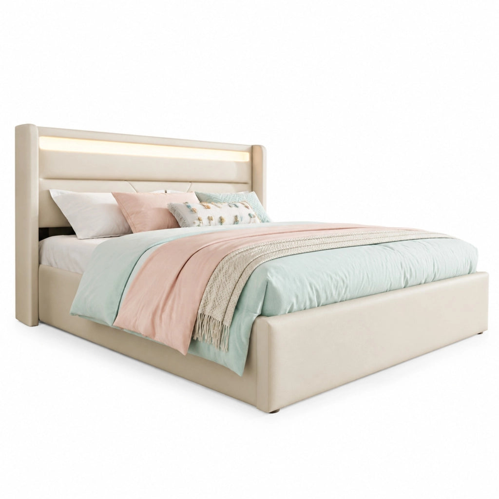 Letto matrimoniale imbottito 140x200 cm con contenitore e LED, bianco