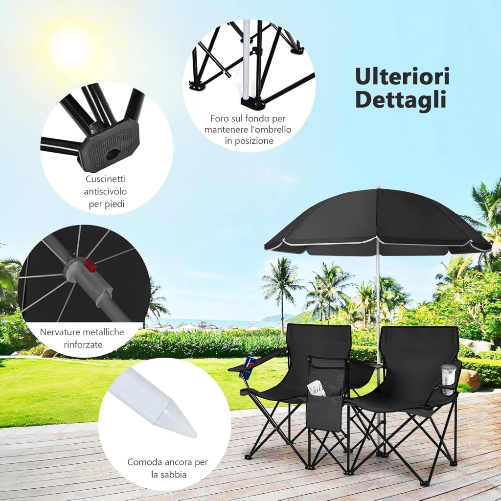 Set di 2 Sedie da Campeggio Pieghevoli, con Ombrellone e Tavolino Contenitore, Resistente e Leggero, Capacità 113 kg (nero)