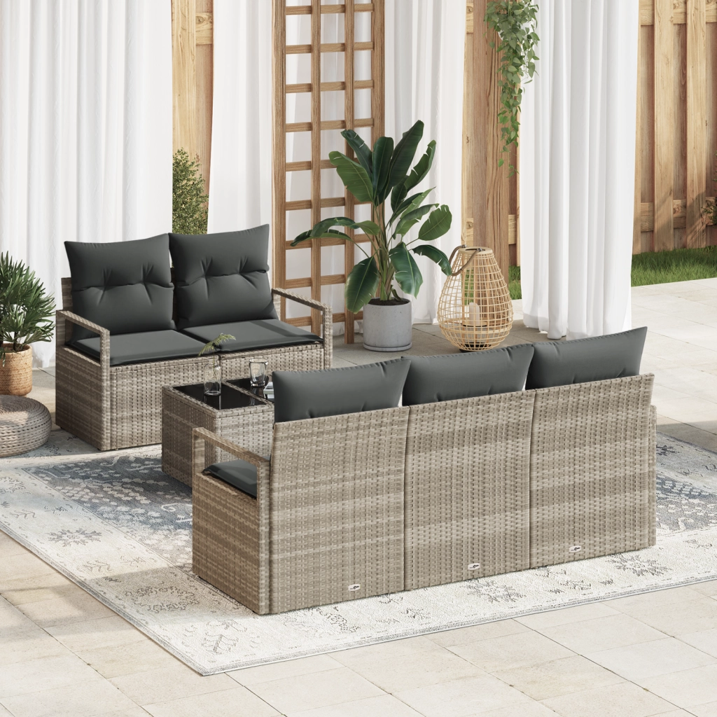 Set di Divani da Giardino  6 Pezzi con Cuscini Grigio Chiaro Polyrattan