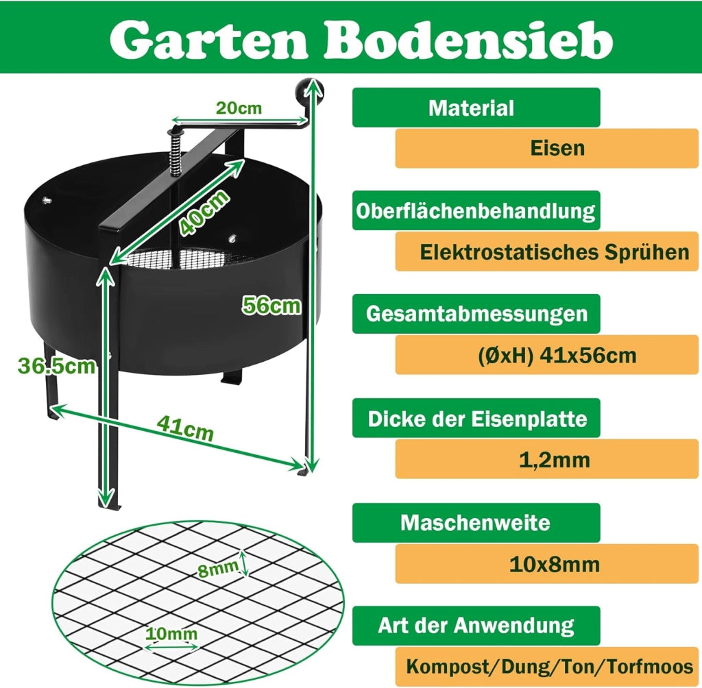 Colino per compost da giardino, 40 x 45 cm, colino a manovella, con manici, colino per terra, prato, giardino