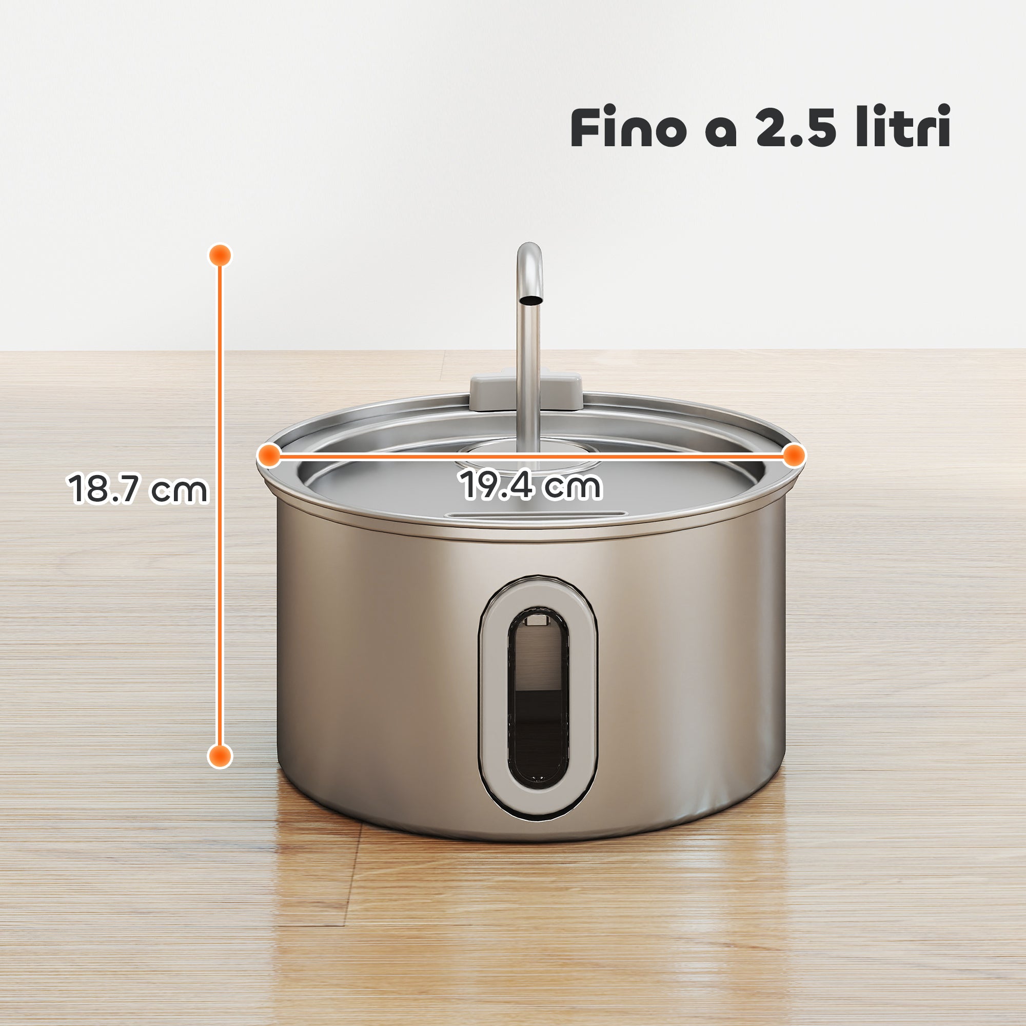 Fontanella per Gatti Ø19,4x18,7 cm Capacità 2,5L con Luce LED e 2 Modalità di Flusso in Acciaio Inox Argento
