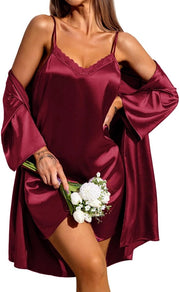 Set da notte in seta a due pezzi per donna con camicia e pantalone in lino, colore rosso, dimensione XXL
