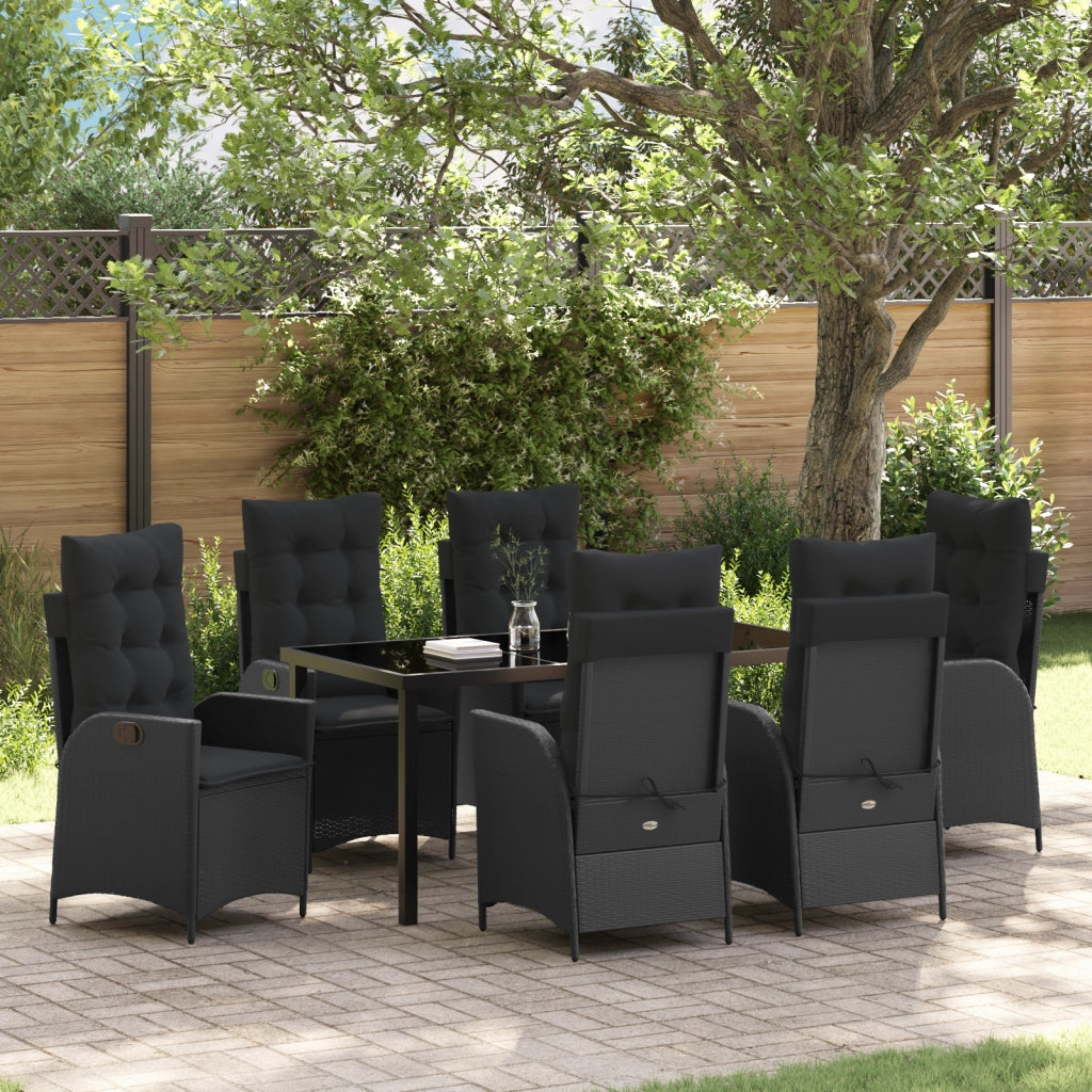 Set da Pranzo da Giardino 7 Pezzi con Cuscini Nere in Polyrattan