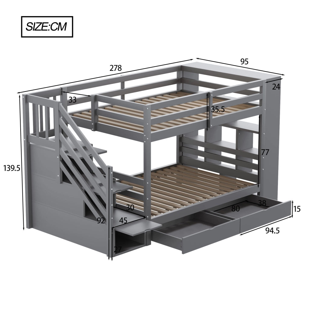 LETTO A CASTELLO 90x200 cm in Legno Grigio con Scala Contenitore e Cassetti