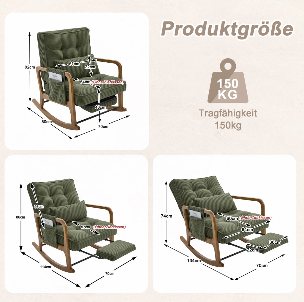 Sedia a dondolo 70x80x92 cm con poggiapiedi e schienale regolabile in cord verde