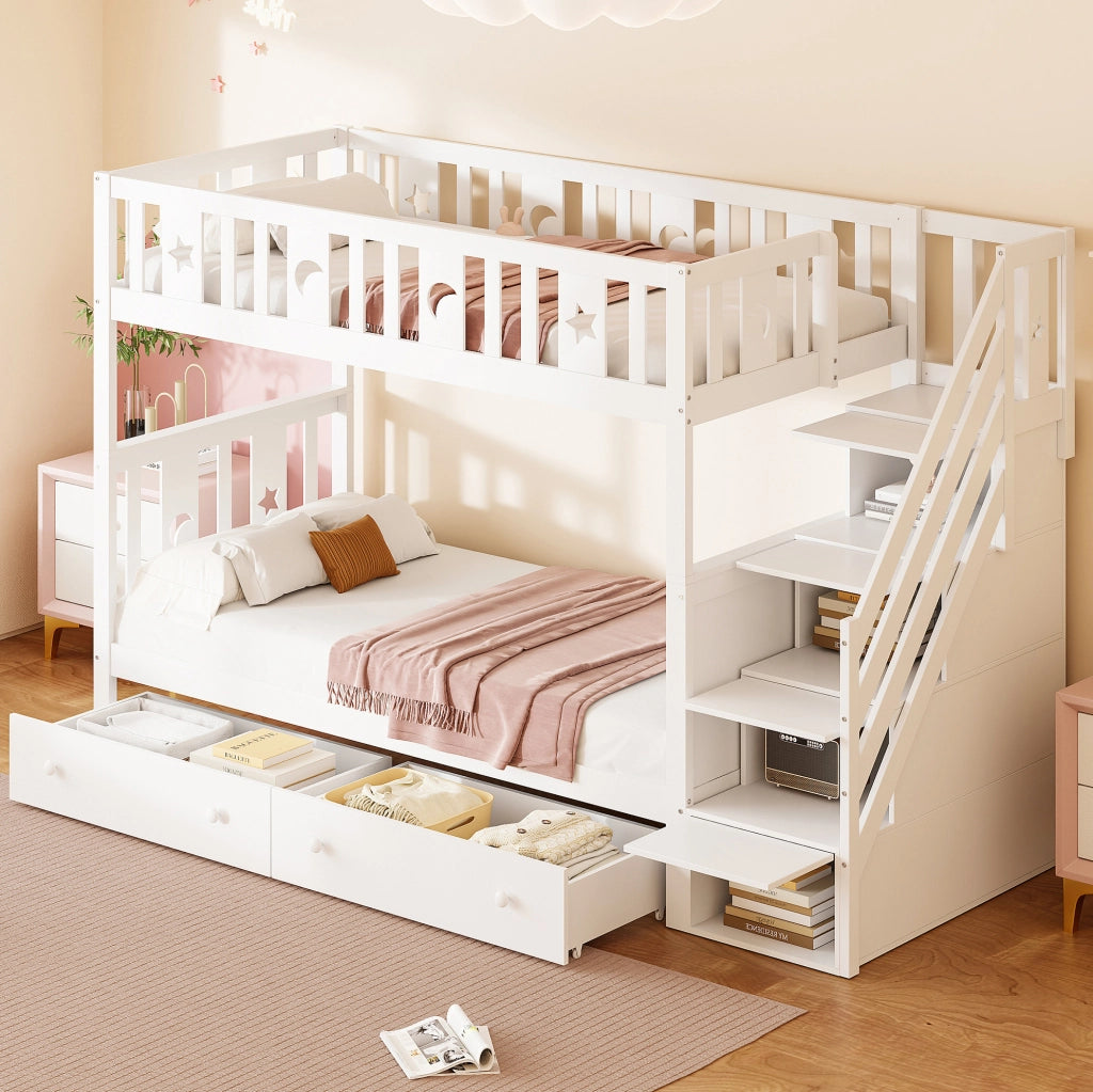 Letto a castello per bambini 90x200 cm con scala contenitore; 2 cassetti e rete a doghe; bianco