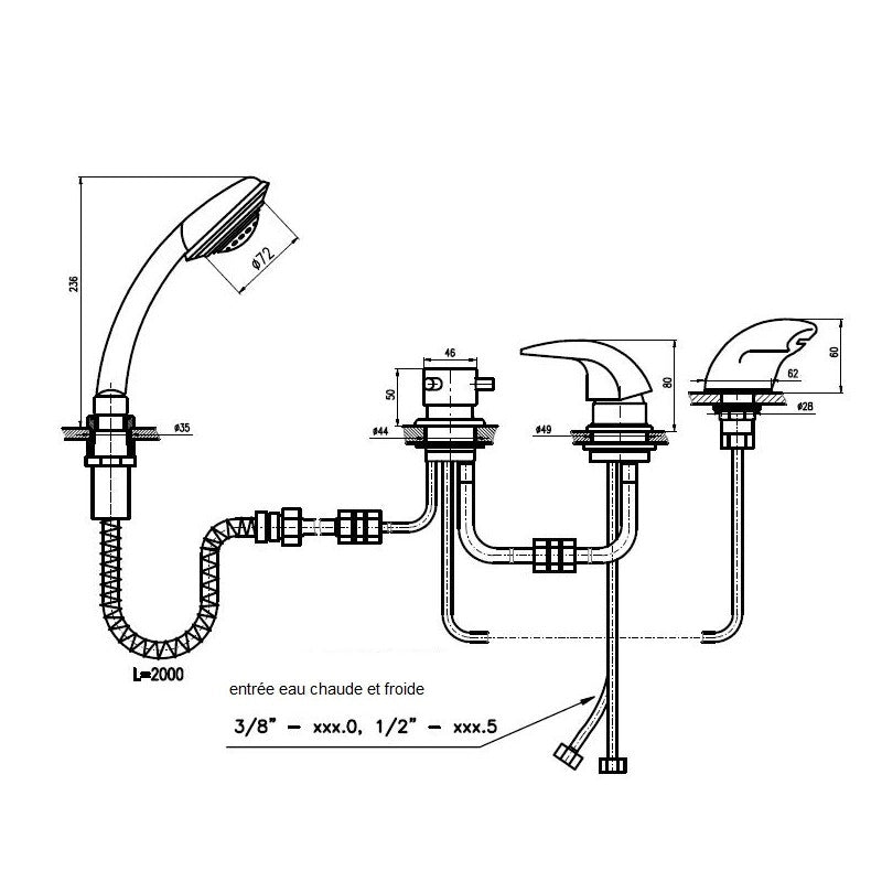 Miscelatore vasca a cascata in ottone con 4 fori