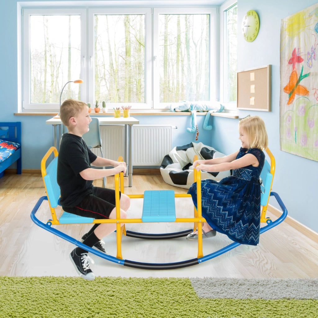 Altalena basculante oscillante di metallo con maniglie e 3 posti a sedere, Altalena saliscendi per bambini Blu-Giochi su prato