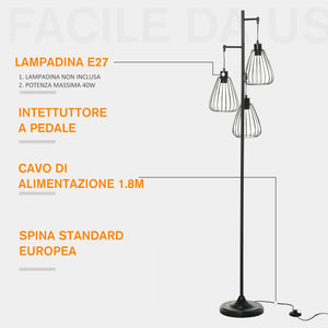 Lampada da Terra con Paralumi E27 in Metallo Nero