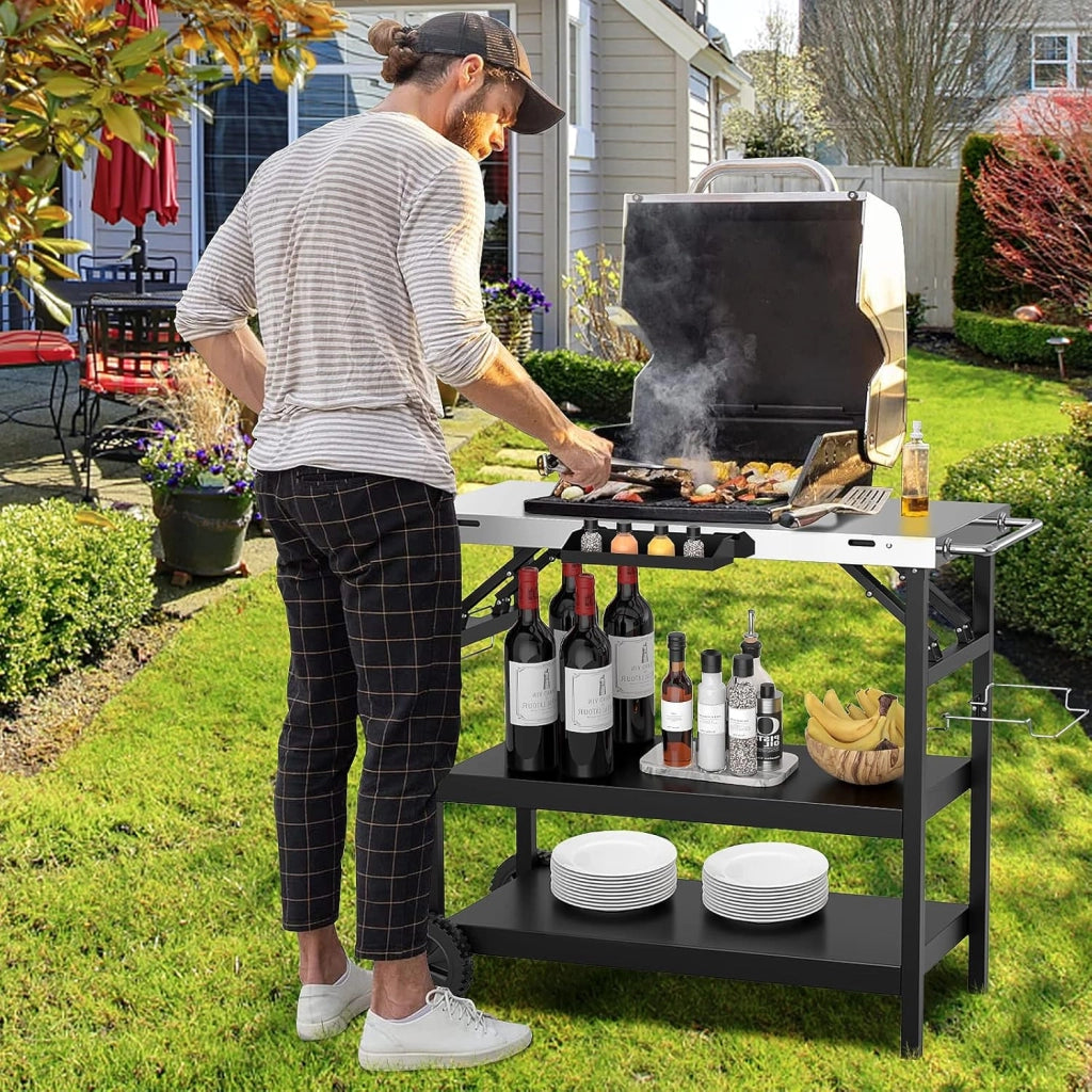 Carrello Barbecue da Esterno con 3 Ripiani, Carrello da Cucina Esterno con Ripiano Regolabile, Carrello Multifunzionale per Esterno, Struttura in metallo