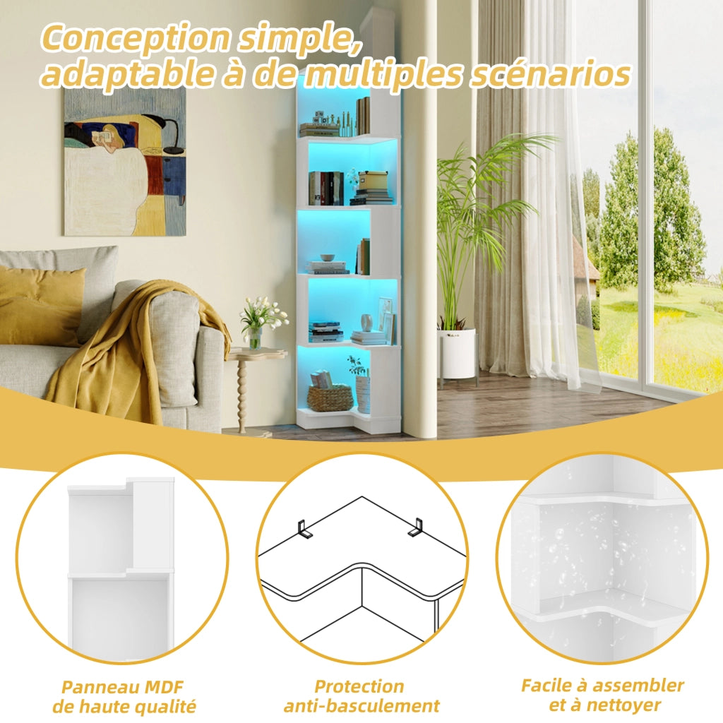 Libreria angolare con LED regolabili via app e 5 ripiani, per studio e ufficio, in MDF, bianco, 63,5 × 45 × 175 cm