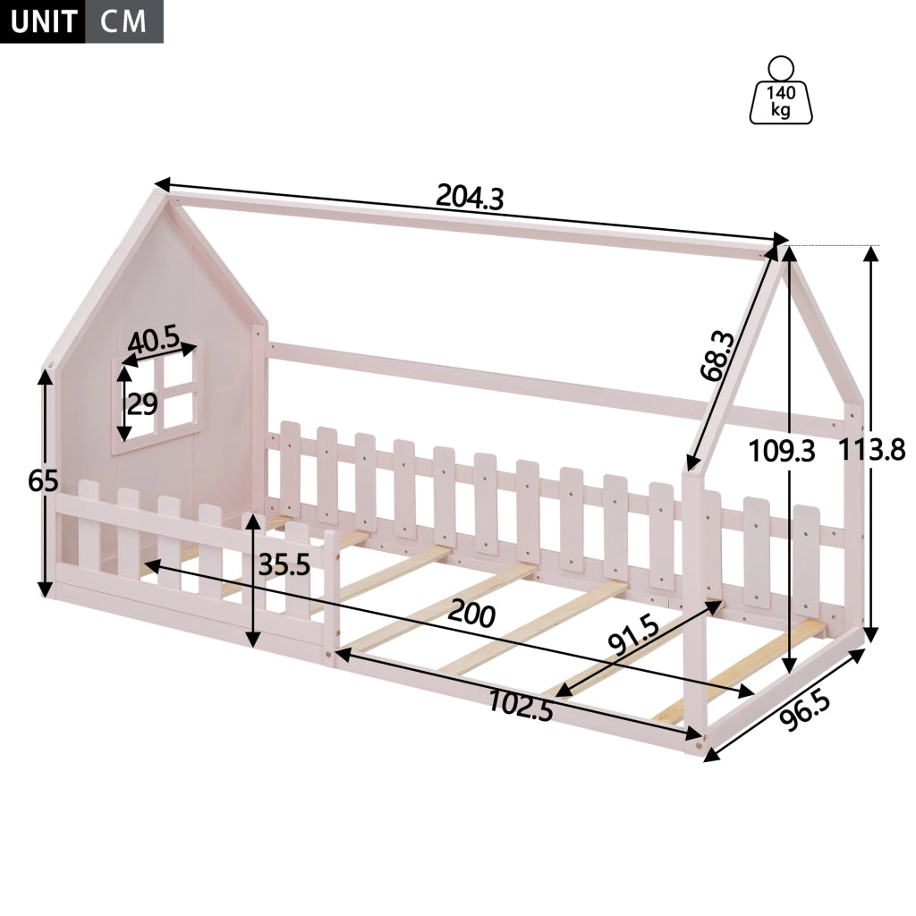 Letto a forma di casa rosa in pino e MDF 90x200 cm