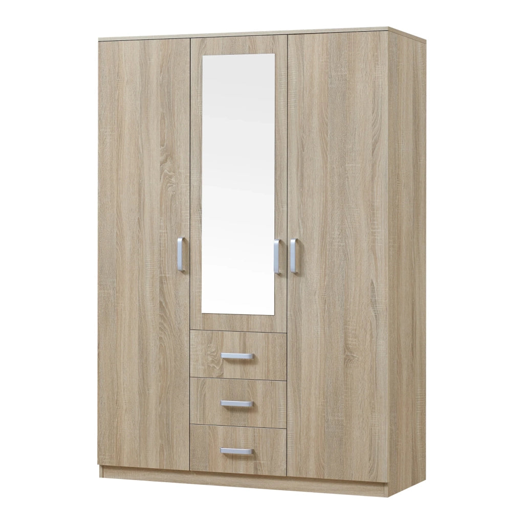 Armadio moderno per camera da letto mobile contenitore senza tempo 5 ripiani 3 cassetti + specchio MDF 176 x 120 x 52 cm effetto rovere Sonoma 03_0006369