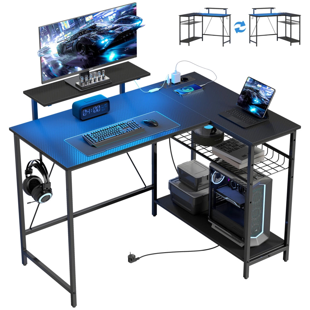 Scrivania Gaming Angolare Reversibile con LED e Prese Elettriche, Porta Monitor e Scaffale, Robusta e Salvaspazio, Nero