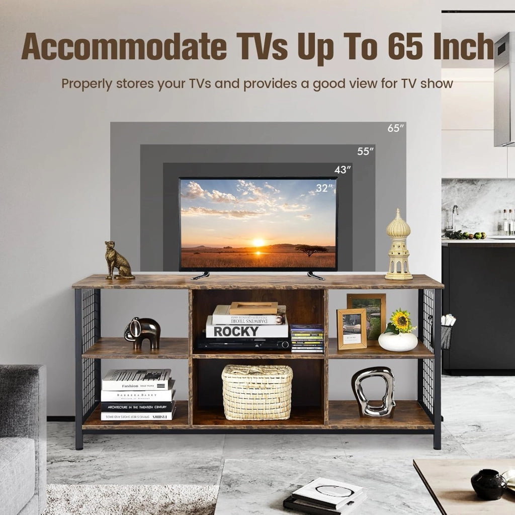Mobile TV, mobile TV, mobile TV, supporto per TV fino a 65 pollici, cassettiera bassa, in legno con scomparti aperti e cestino portaoggetti, mensola TV industriale 140 x 40 x 63 cm