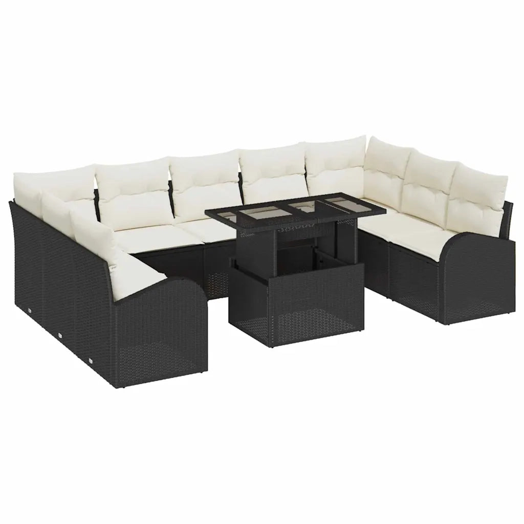 Set Divano da Giardino 10 pcs Nero e Crema polyrattan