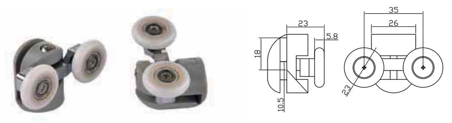 Coppia Cuscinetti Doppia Ruota Attacco Superiore Box Doccia – Nylon Grigio Ø23 mm – Foro Vetro 12 mm