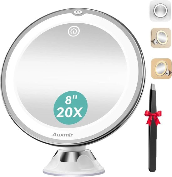 Specchio cosmetico con illuminazione, 20x ingrandimento, 3 colori di illuminazione e forte viti, specchio da trucco rotativo a 360° con 34 led, specchio da barba regolabile in luminosità da 20 cm per uso domestico, bagno e viaggio