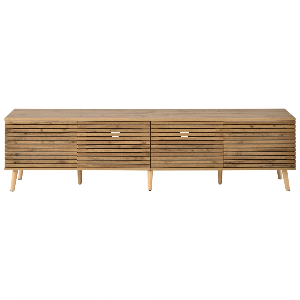 Mobile TV basso in legno naturale per TV fino a 75 pollici, con 4 ante a griglia, 180x40x46 cm