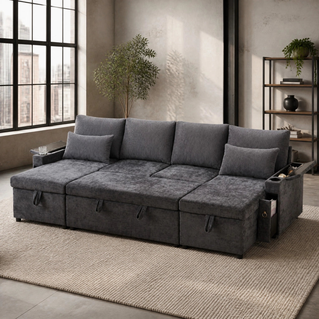 Divano letto modulare a U; 4 posti; con contenitore e portabicchieri; 272 x 131 x 84 cm; grigio