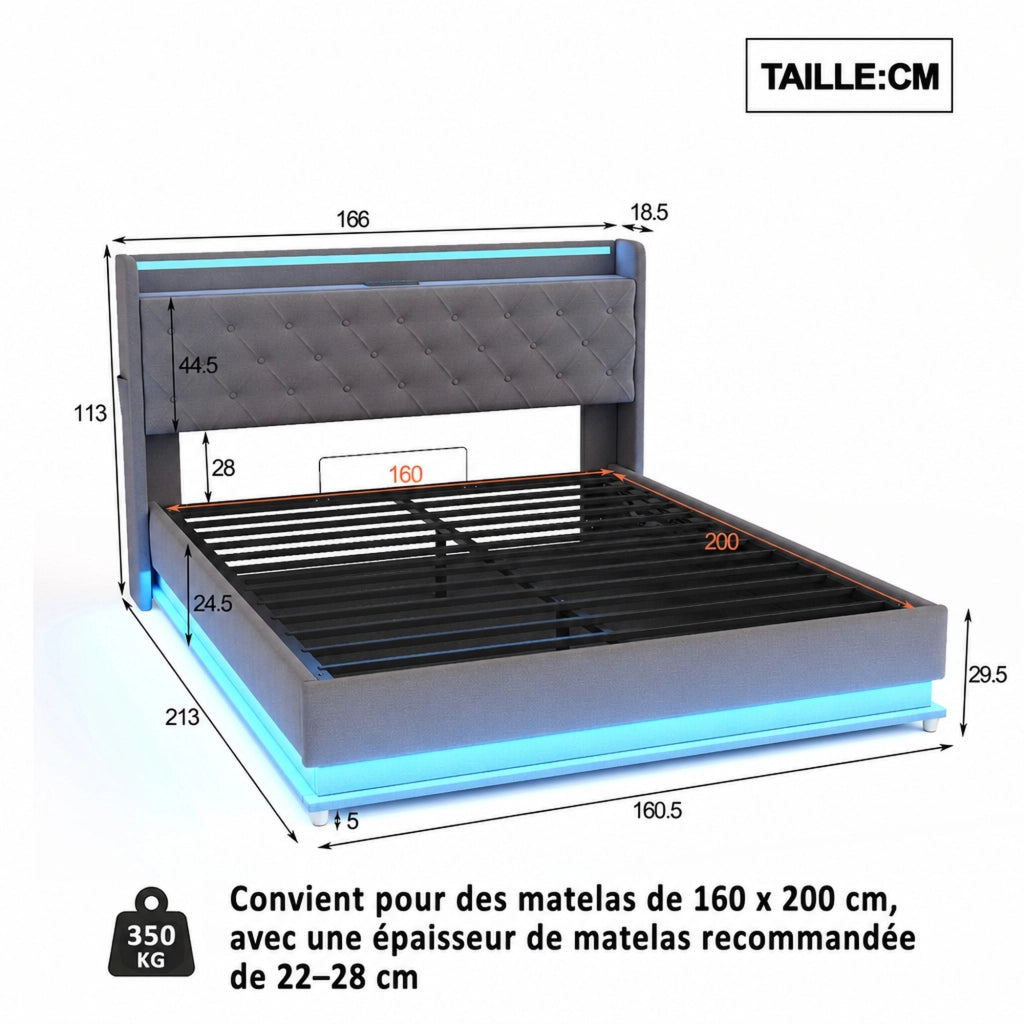 DESMIU Letto Imbottito 160 × 200 cm 2 Posti con LED, USB, Contenitore Idraulico, senza Materasso, Grigio