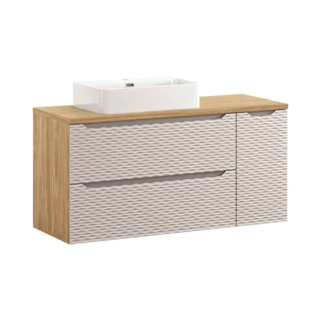 Set da bagno YOKA beige: mobile sotto lavabo con cassetti e armadietti 120 cm + piano per lavabo + lavabo da appoggio