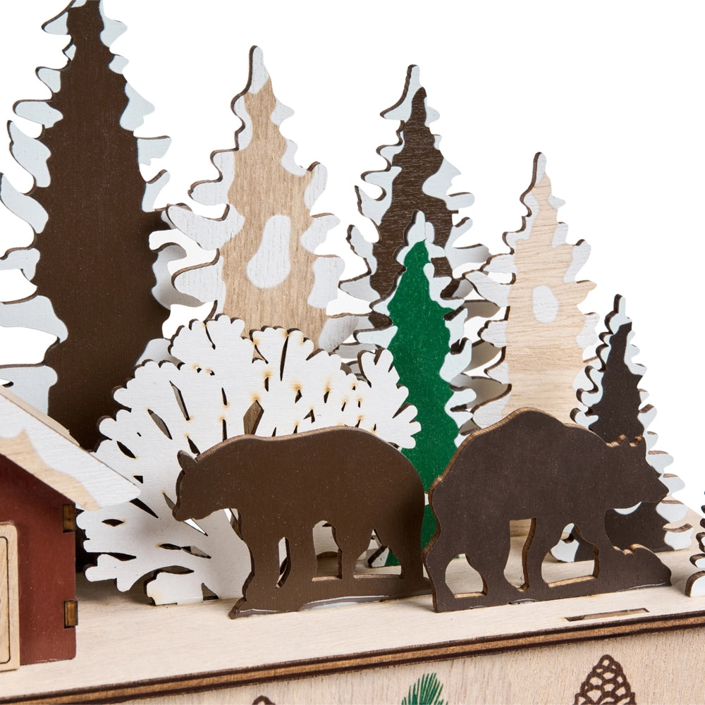Decorazione natalizia in legno marrone chiaro illuminata con luci LED Calendario dell'Avvento a batteria Scenario natalizio